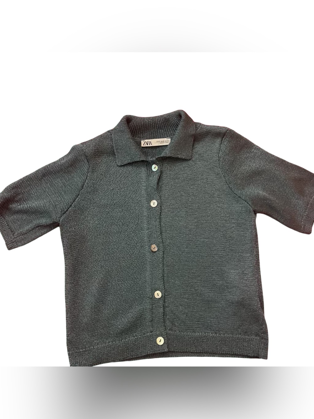 Zara Women's dark blue Solid Knit Button-Front Collared Short Sleeve
